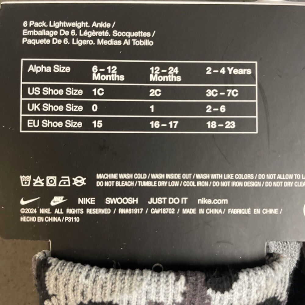 Nike Kids Toddler 2-4 Years Camouflage 6 Pack Lightweight Ankle Socks NWT - Picture 5 of 5